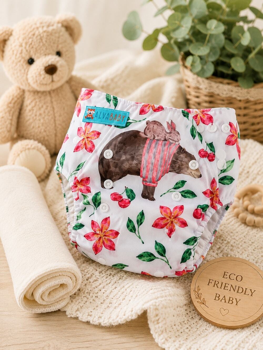Alva Baby Pocket Cloth Diaper Cover OS Bear Rabbit Floral NWOT No Insert